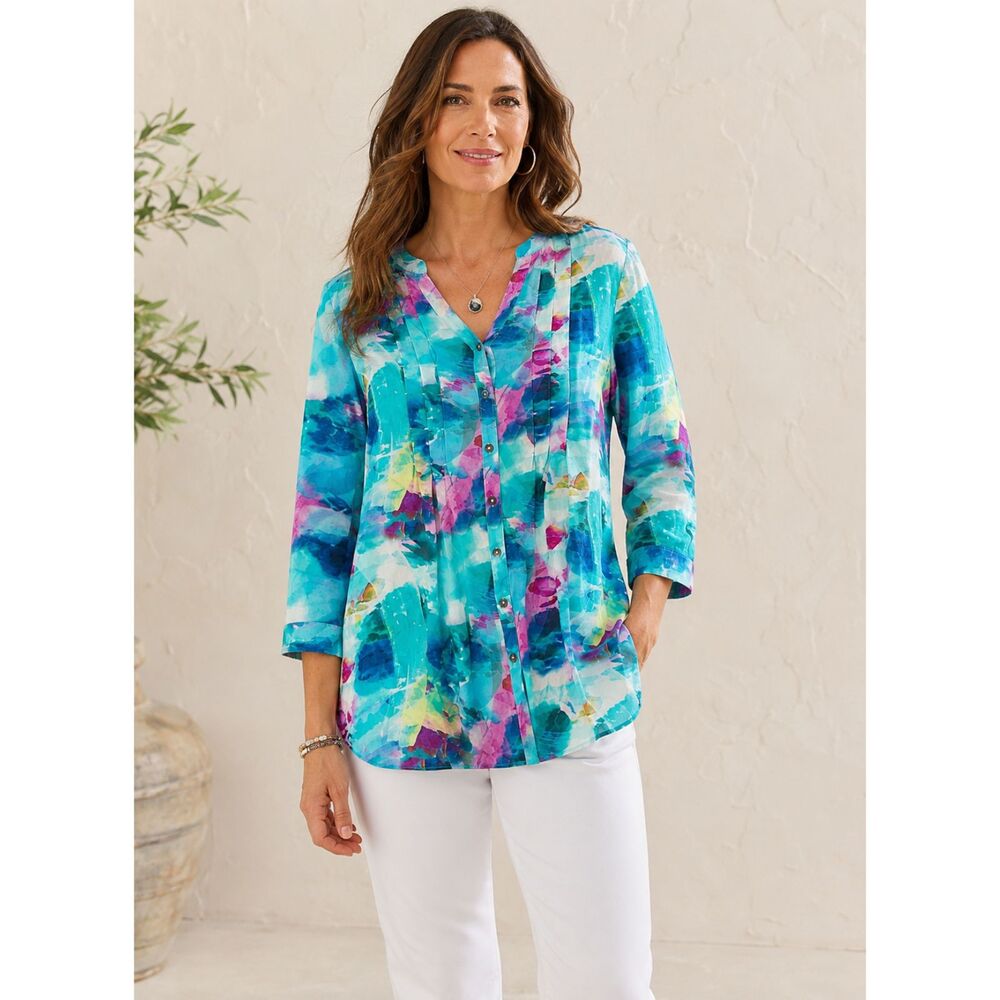 Soft Surroundings Tunic Top Sz L Watercolor Button Front Pintuck Blouse Boho R3